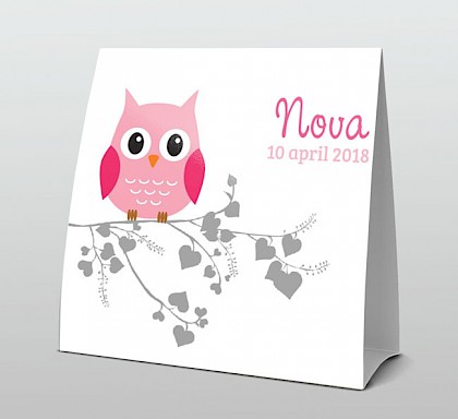 Roze uil op een hartjes takje Roze uil op een hartjes takje
