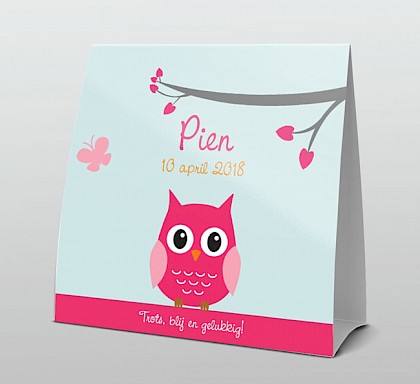 Lief roze uiltje, vlinder en hartjes takje