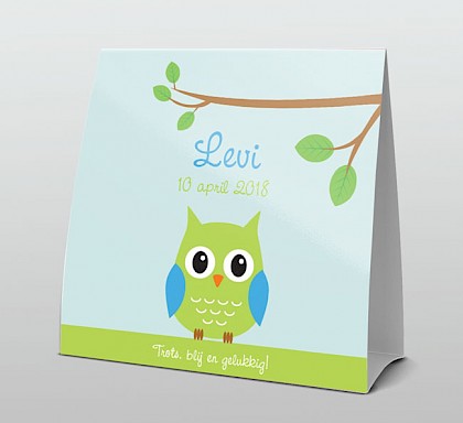 Lief groen uiltje op blauwe achtergrond Lief groen uiltje op blauwe achtergrond