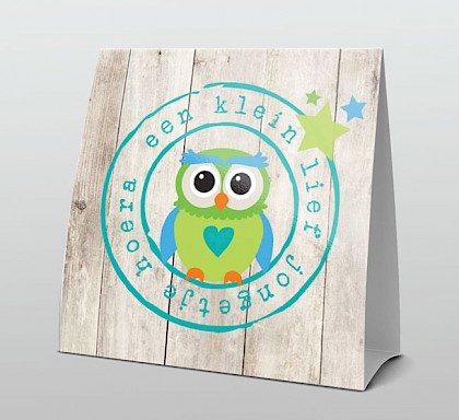 Stoer uiltje op hout met turquoise stempel Stoer uiltje op hout met turquoise stempel