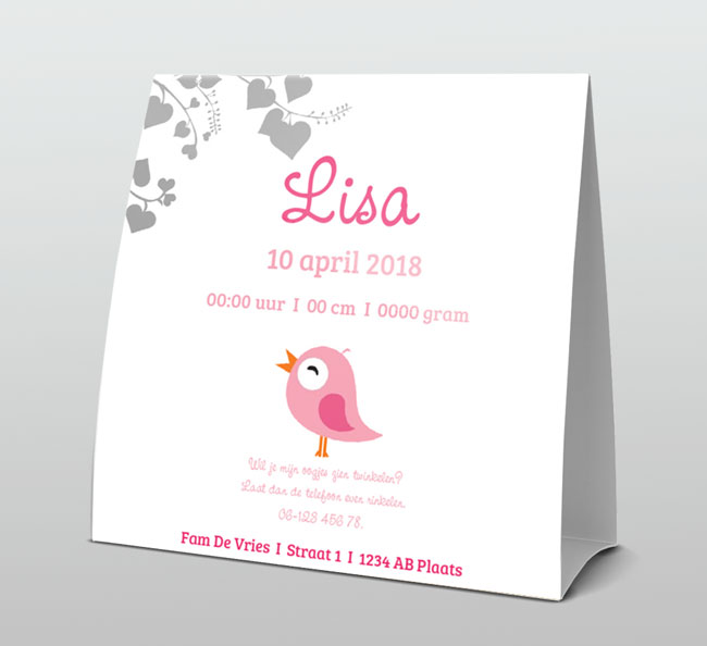 Roze vogeltje op grijs takje met hartjes Roze vogeltje op grijs takje met hartjes