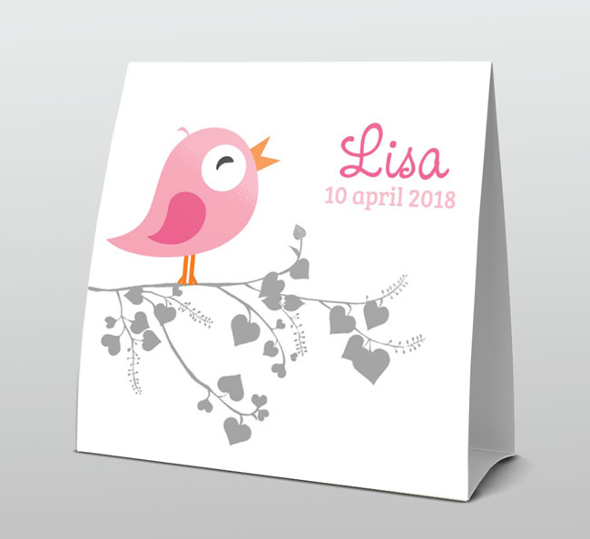 Roze vogeltje op grijs takje met hartjes Roze vogeltje op grijs takje met hartjes