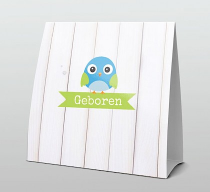 Tentkaart geboorte met blauw vogeltje op groen lintje met hout Tentkaart geboorte met blauw vogeltje op groen lintje met hout