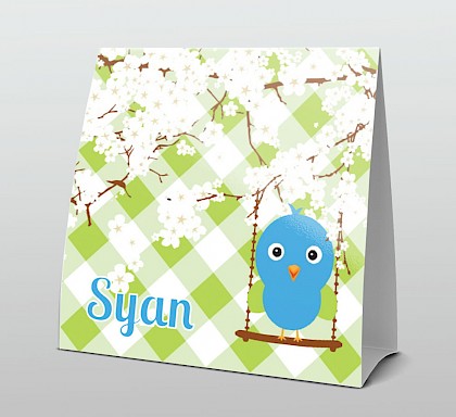 Tentkaart blauw vogeltje op bloesemtak op geruite achtergrond Tentkaart blauw vogeltje op bloesemtak op geruite achtergrond