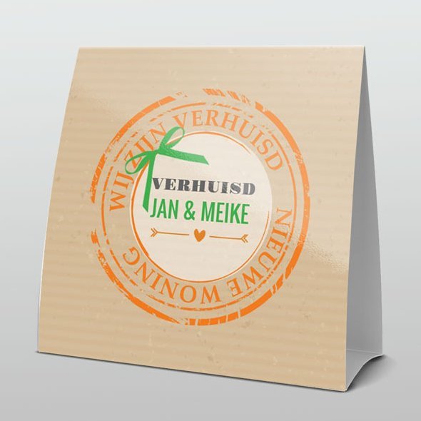 Wij zijn verhuisd oranje op karton Wij zijn verhuisd oranje op karton