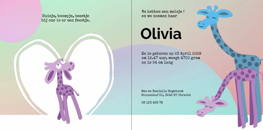 Gevouwen kaart met giraffe en hartje Gevouwen kaart met giraffe en hartje