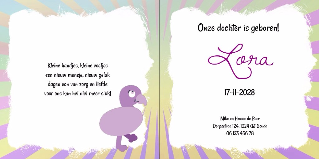 Gevouwen kaart "Flamingobaby paars" Gevouwen kaart "Flamingobaby paars"