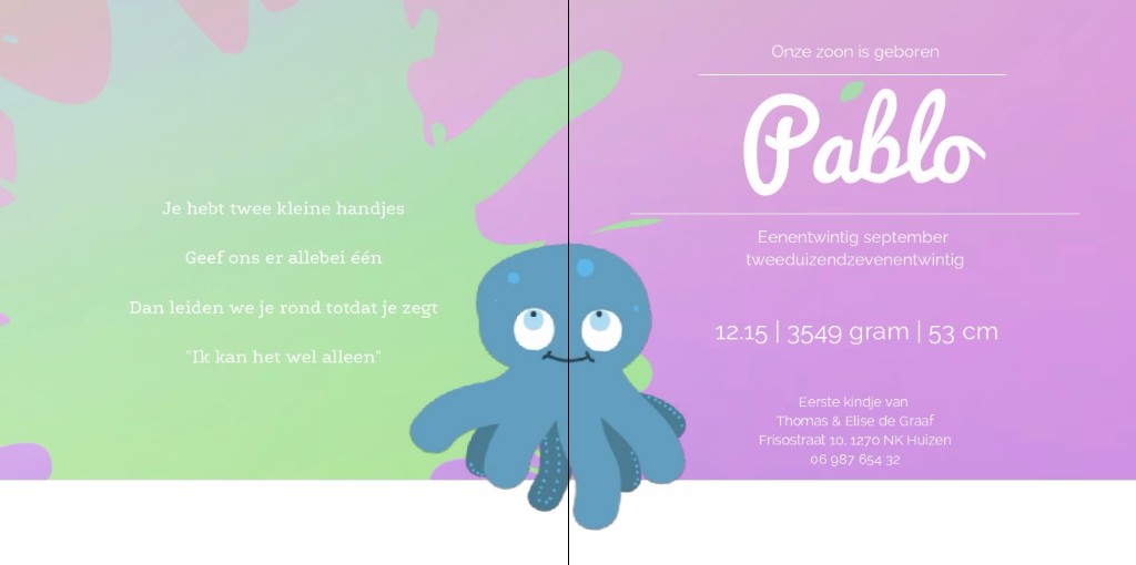 Gevouwen kaart "Baby inktvis" Gevouwen kaart "Baby inktvis"