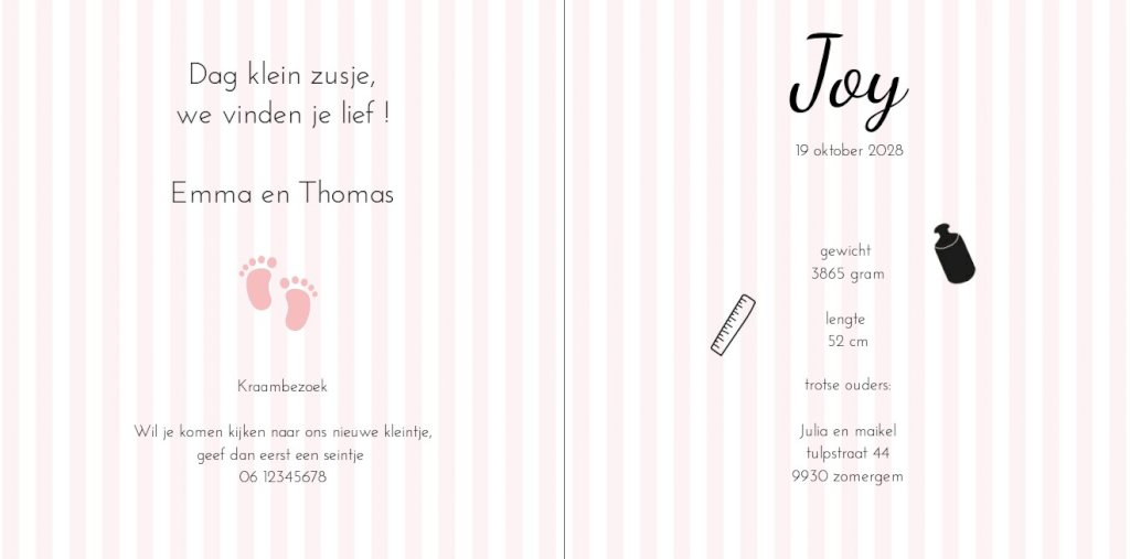 Gevouwen kaart "Beschuit met roze muisjes" Gevouwen kaart "Beschuit met roze muisjes"