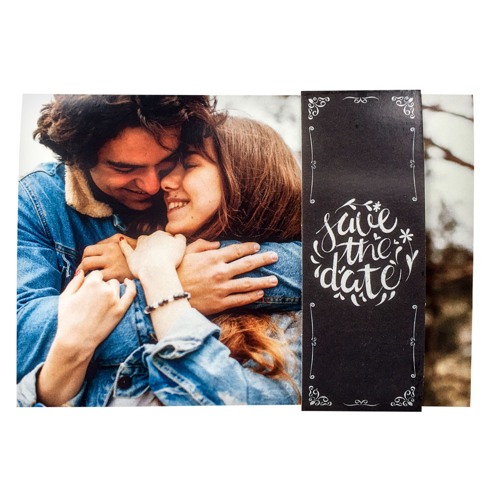 Save the date fotokaart met sleeve in vintage stijl Save the date fotokaart met sleeve in vintage stijl