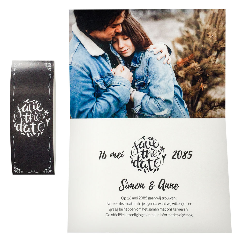 Save the date fotokaart met sleeve in vintage stijl Save the date fotokaart met sleeve in vintage stijl