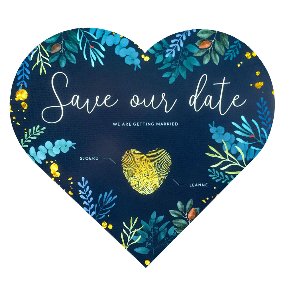 Romantische blauwe hartvormige botanica save the date kaart Romantische blauwe hartvormige botanica save the date kaart