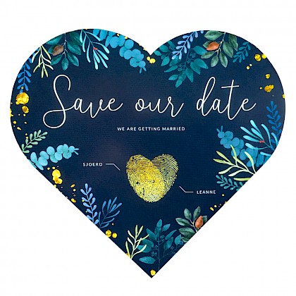 Romantische blauwe hartvormige botanica save the date kaart