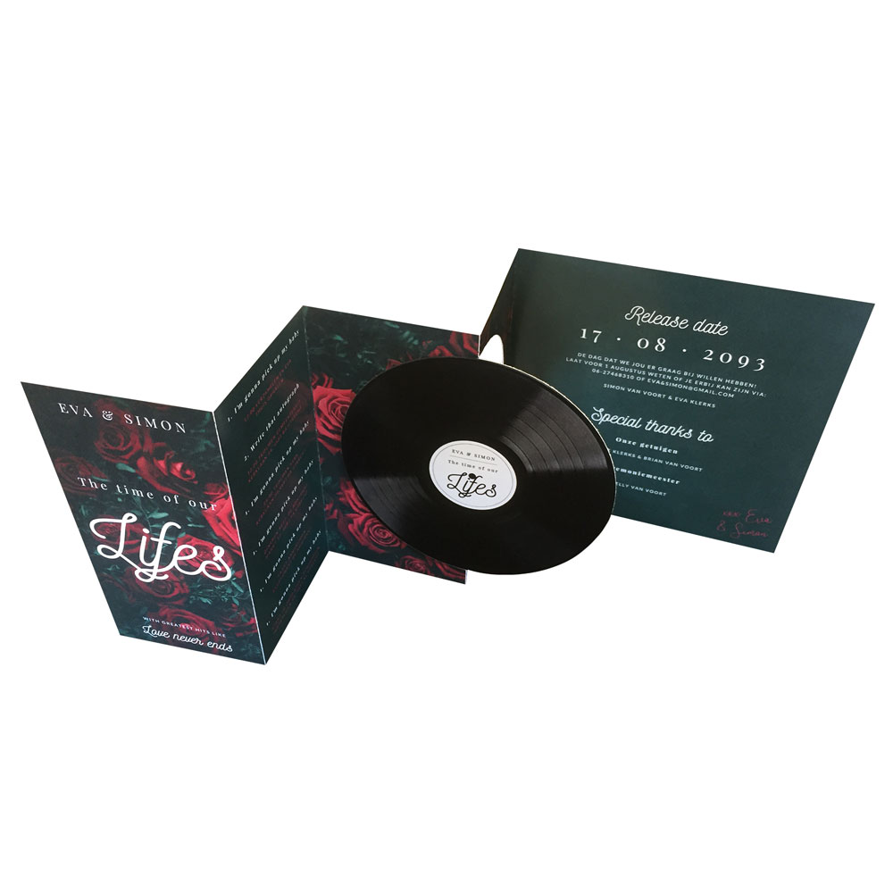 Drieluik trouwkaart met LP "romantic" look Drieluik trouwkaart met LP "romantic" look