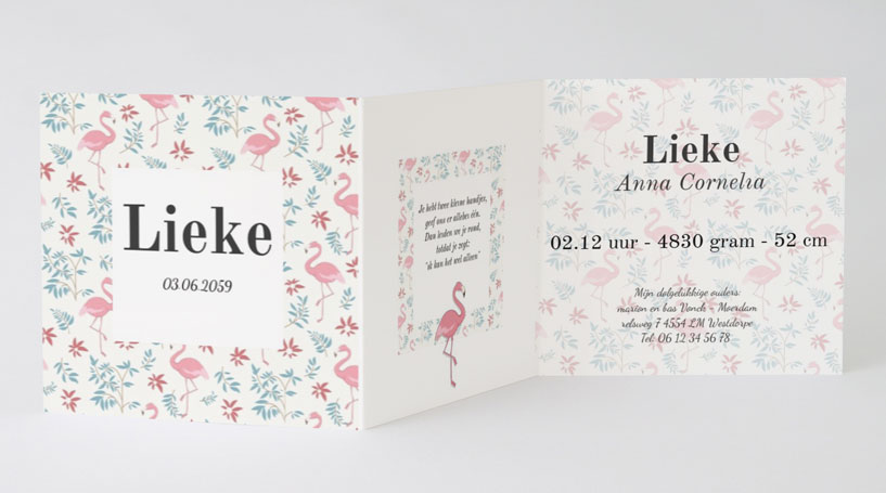 Drieluik kaart met flamingo's en bloemen Drieluik kaart met flamingo's en bloemen