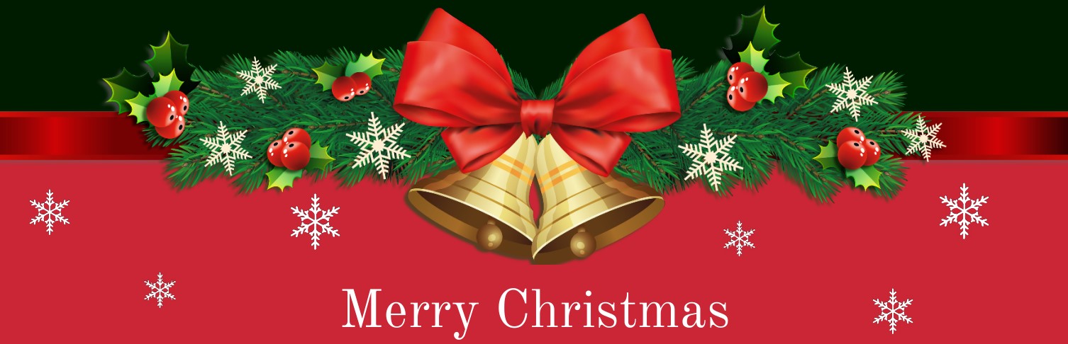 Kerstbanner met bellen aan strik op kersttak Kerstbanner met bellen aan strik op kersttak