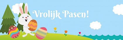 paas banner met vrolijk konijn op gekleurde weide achtergrond paas banner met vrolijk konijn op gekleurde weide achtergrond