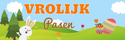 Banner pasen met paashaas, paaseiren op heuvels