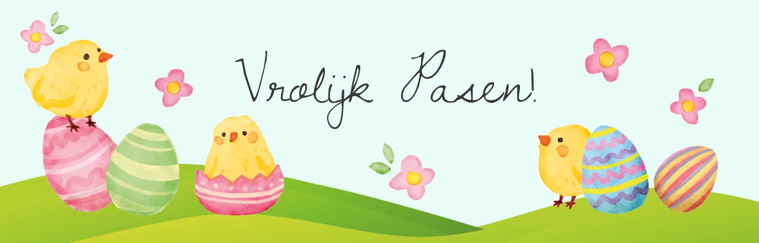 Paasbanner met geverfde eieren en kuikentjes met bloemen Paasbanner met geverfde eieren en kuikentjes met bloemen