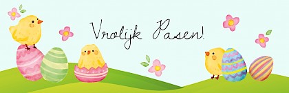 Paasbanner met geverfde eieren en kuikentjes met bloemen