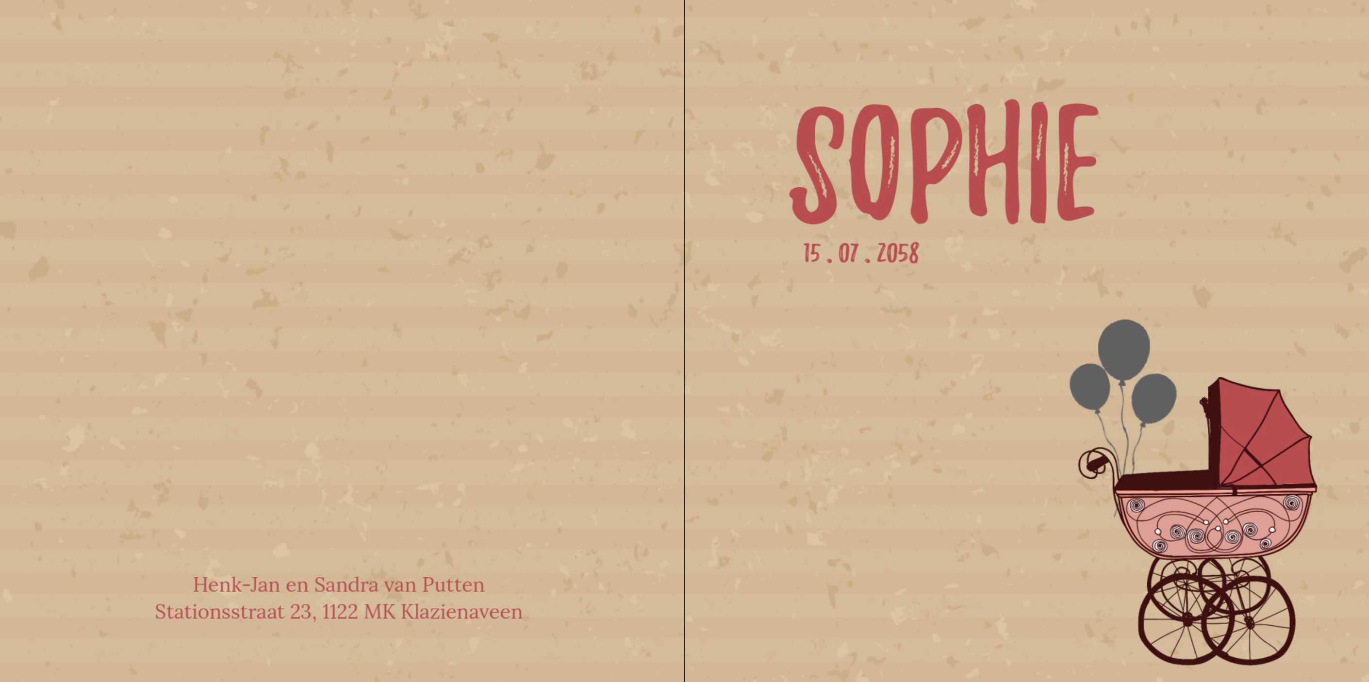 Meisjeskaartje met kinderwagen op kraftkarton Meisjeskaartje met kinderwagen op kraftkarton
