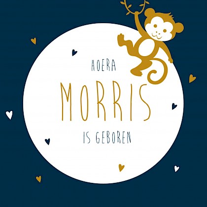 Kaartje met blauwe ondergrond en aapje