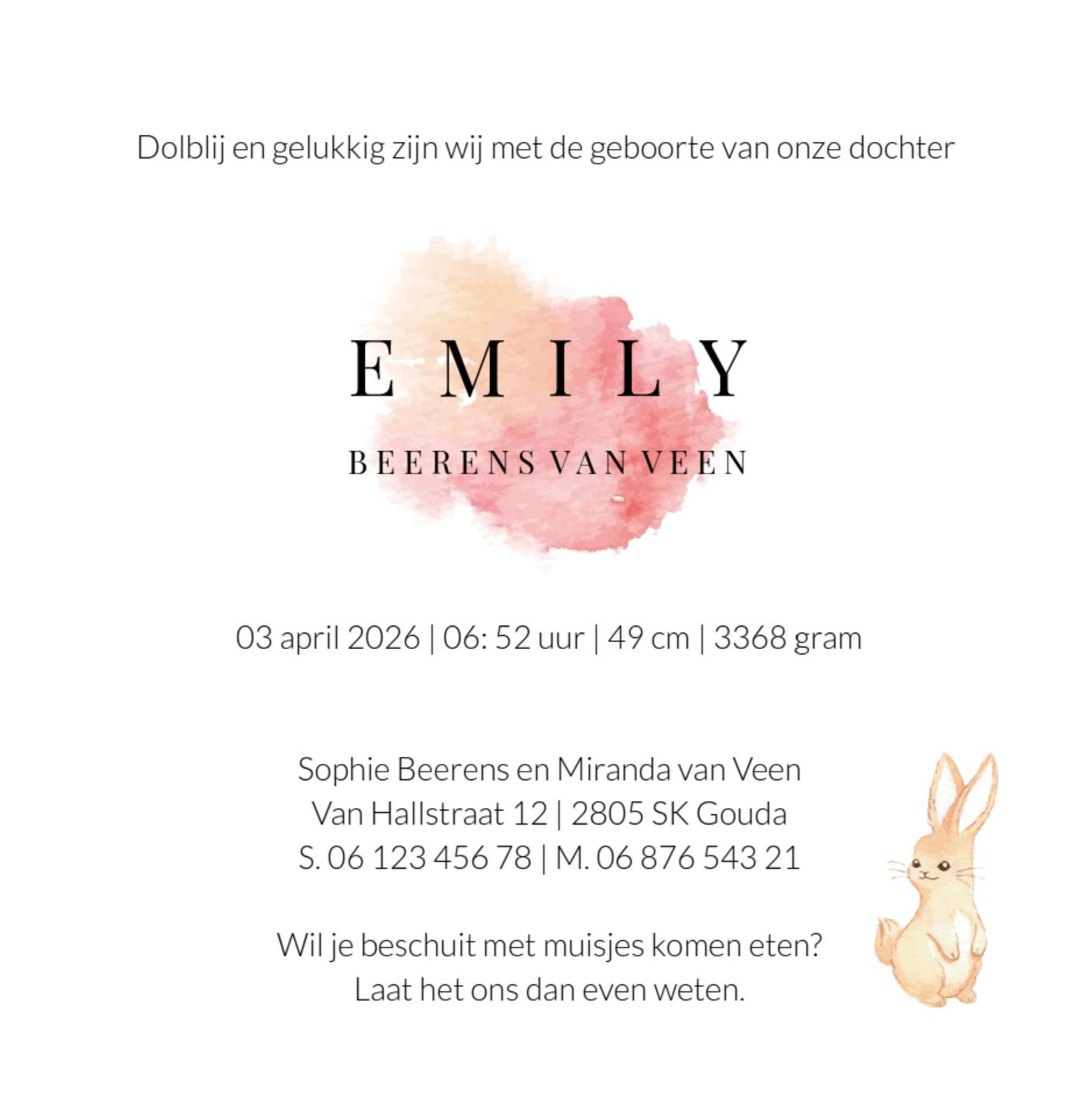 Geboortekaartje met een hertje en een konijntje Geboortekaartje met een hertje en een konijntje