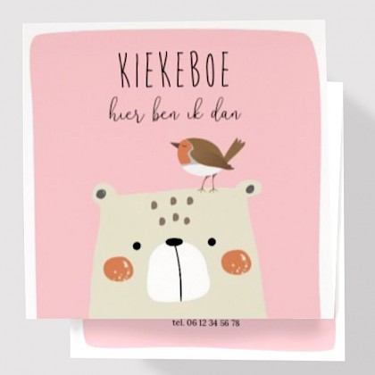 Drieluik kaart roze met roodborstje en beertje