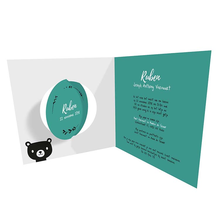 Geboortekaartje met beertje, stippen en turquoise Geboortekaartje met beertje, stippen en turquoise