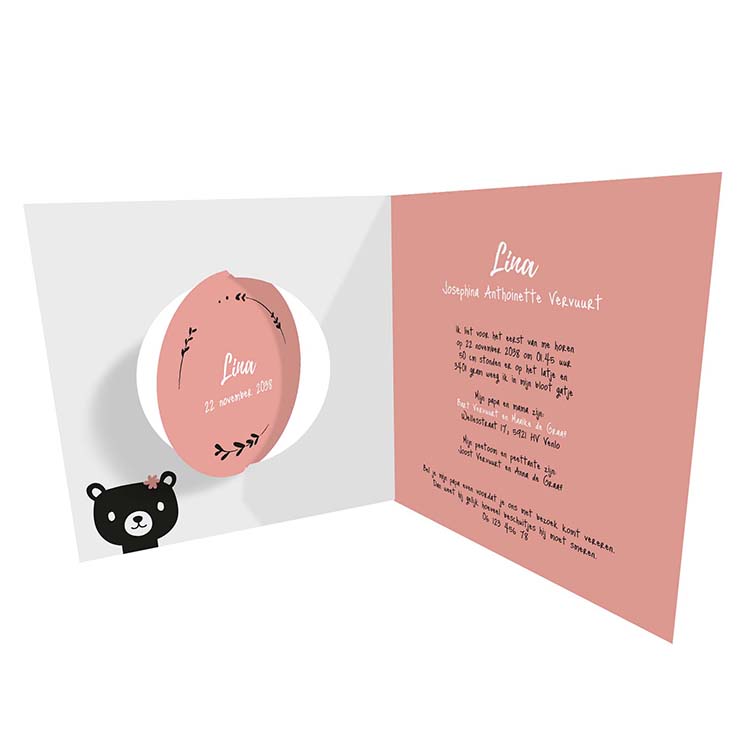Geboortekaartje met beertje, stippen en roze Geboortekaartje met beertje, stippen en roze