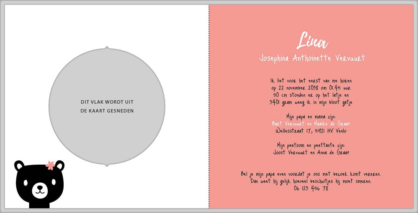 Geboortekaartje met beertje, stippen en roze Geboortekaartje met beertje, stippen en roze