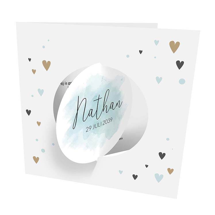 Geboortekaartje met hartjes en bewegende cirkel blauw Geboortekaartje met hartjes en bewegende cirkel blauw