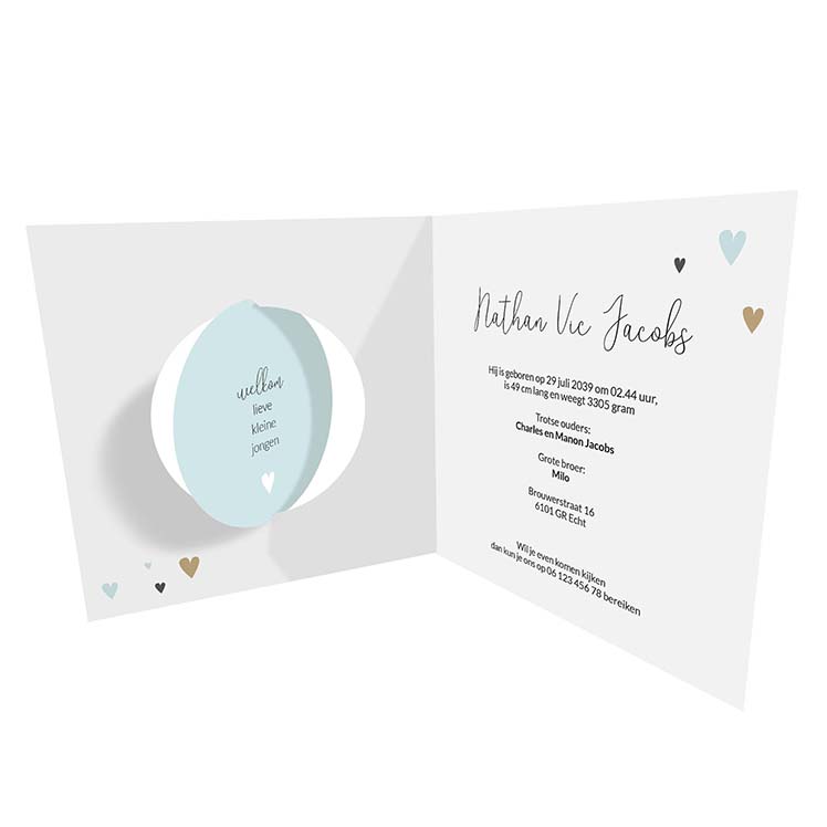 Geboortekaartje met hartjes en bewegende cirkel blauw Geboortekaartje met hartjes en bewegende cirkel blauw