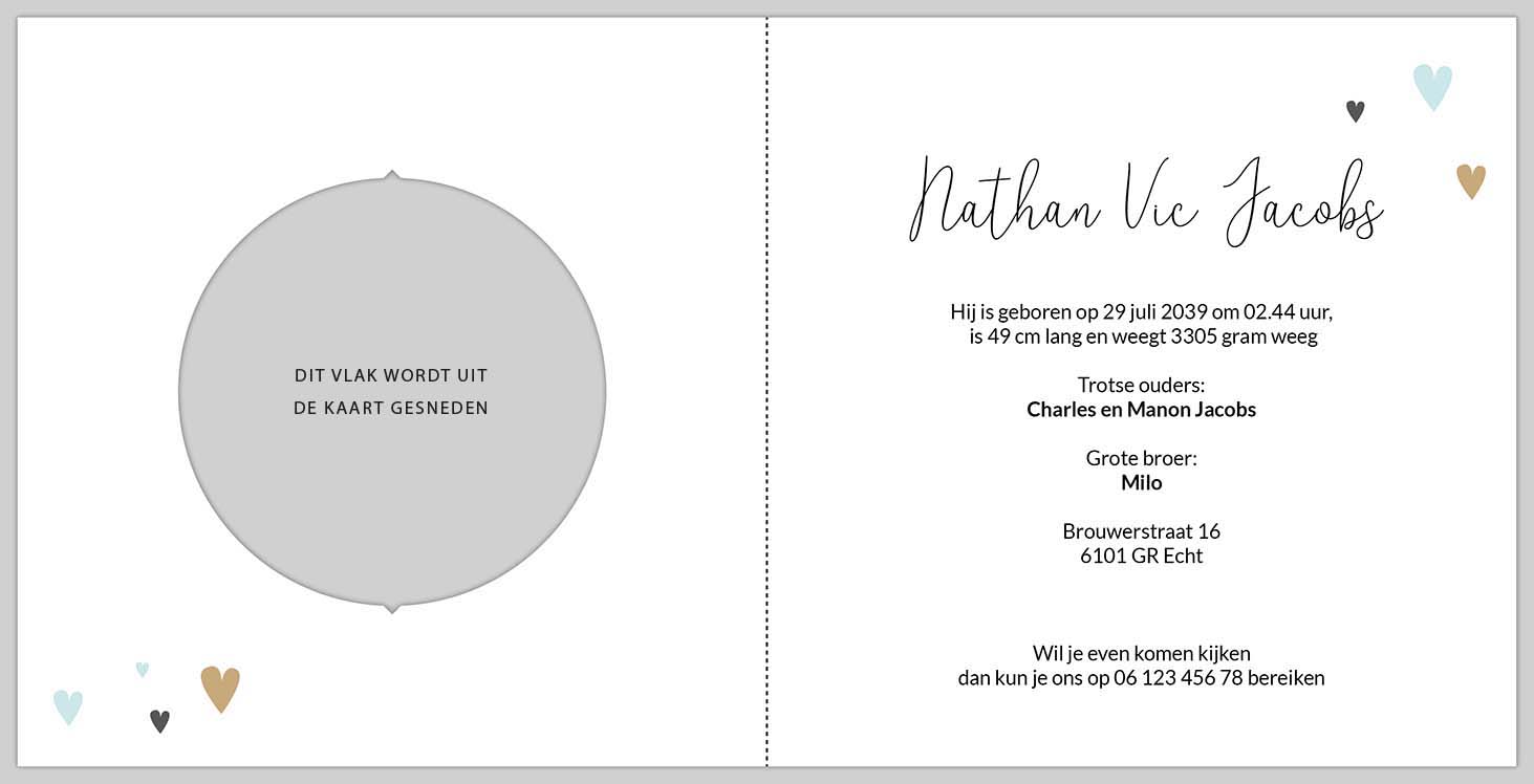 Geboortekaartje met hartjes en bewegende cirkel blauw Geboortekaartje met hartjes en bewegende cirkel blauw