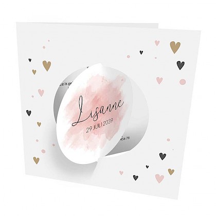 Geboortekaartje met hartjes en bewegende cirkel roze