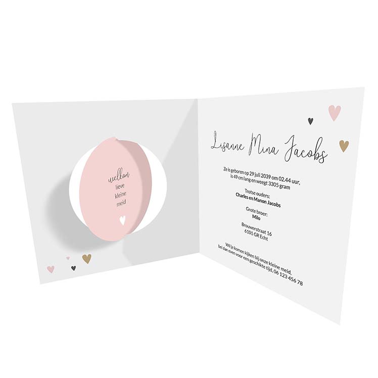 Geboortekaartje met hartjes en bewegende cirkel roze Geboortekaartje met hartjes en bewegende cirkel roze