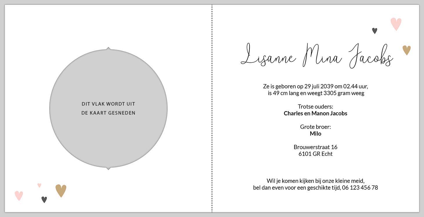 Geboortekaartje met hartjes en bewegende cirkel roze Geboortekaartje met hartjes en bewegende cirkel roze