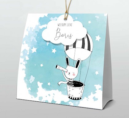 Staand geboortekaartje met konijn in luchtballon voor een jongen