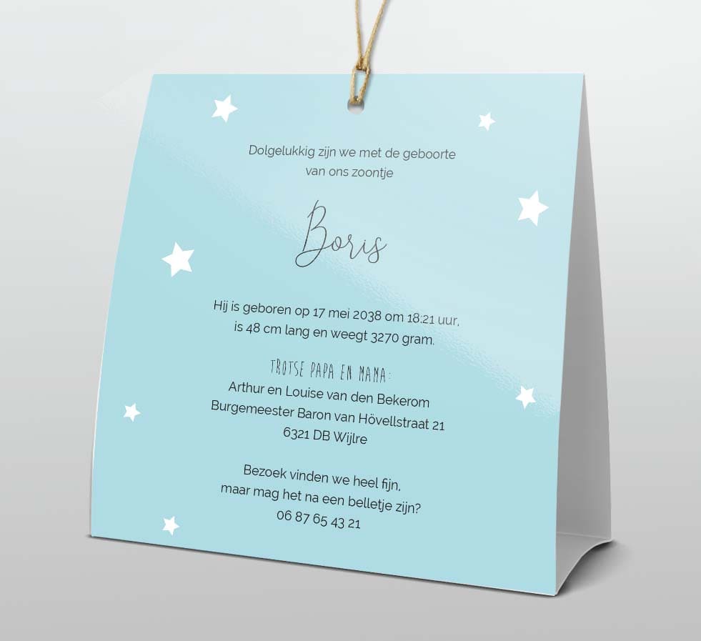 Staand geboortekaartje met konijn in luchtballon voor een jongen Staand geboortekaartje met konijn in luchtballon voor een jongen