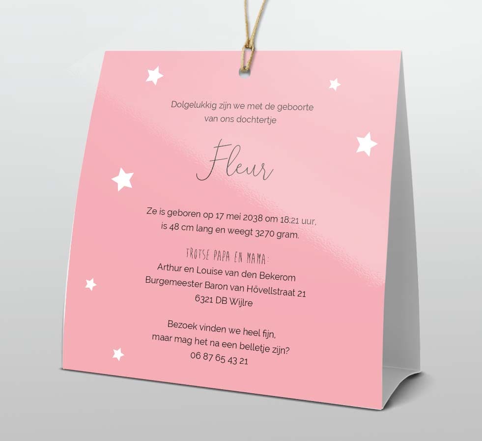 Staand geboortekaartje met konijn in luchtballon voor een meisje Staand geboortekaartje met konijn in luchtballon voor een meisje