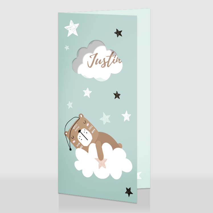 Blauw geboortekaartje met slapend beertje en sterren Blauw geboortekaartje met slapend beertje en sterren