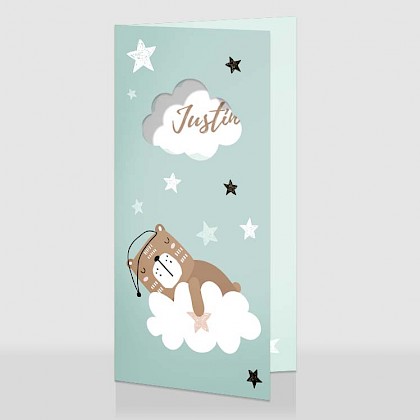 Blauw geboortekaartje met slapend beertje en sterren Blauw geboortekaartje met slapend beertje en sterren