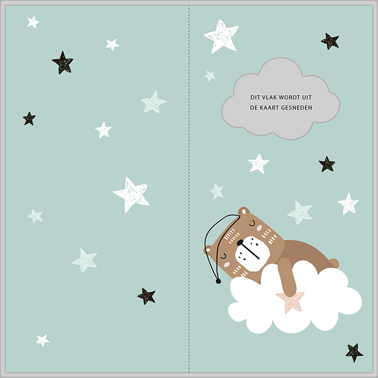 Blauw geboortekaartje met slapend beertje en sterren Blauw geboortekaartje met slapend beertje en sterren