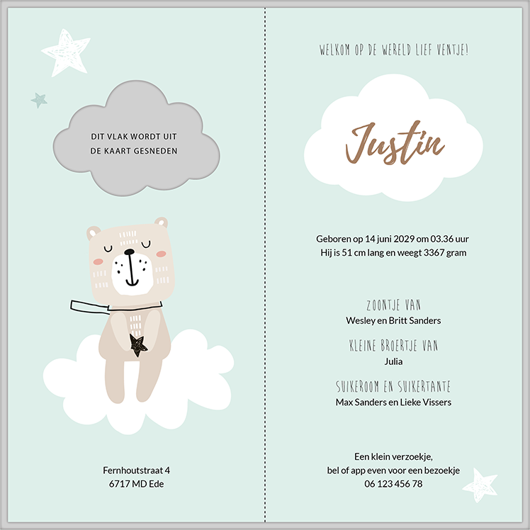 Blauw geboortekaartje met slapend beertje en sterren Blauw geboortekaartje met slapend beertje en sterren