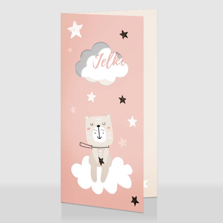 Roze geboortekaartje met beertje op wolk en sterren Roze geboortekaartje met beertje op wolk en sterren