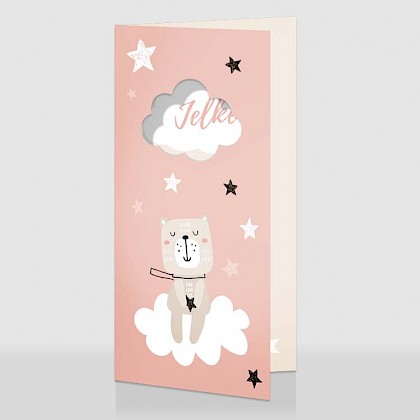 Roze geboortekaartje met beertje op wolk en sterren Roze geboortekaartje met beertje op wolk en sterren