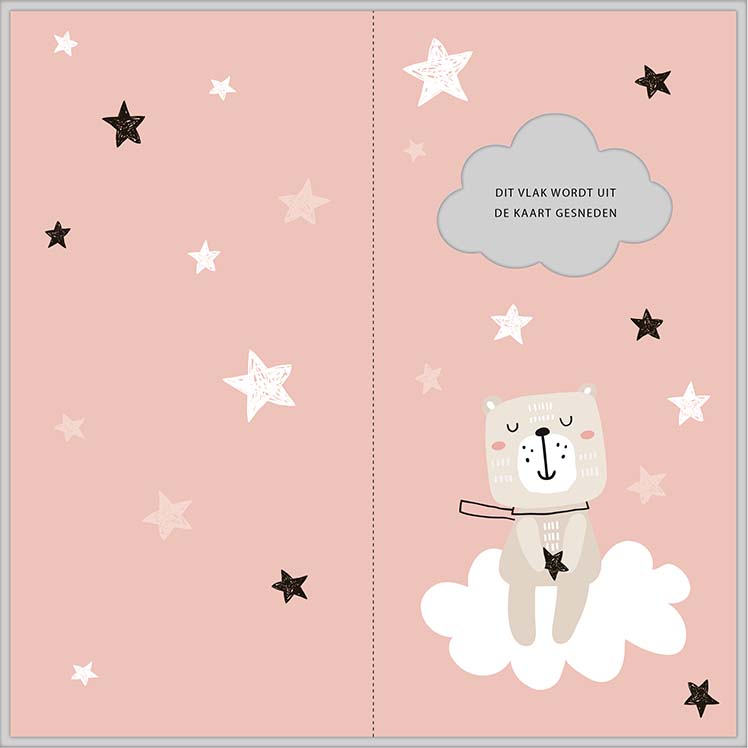 Roze geboortekaartje met beertje op wolk en sterren Roze geboortekaartje met beertje op wolk en sterren