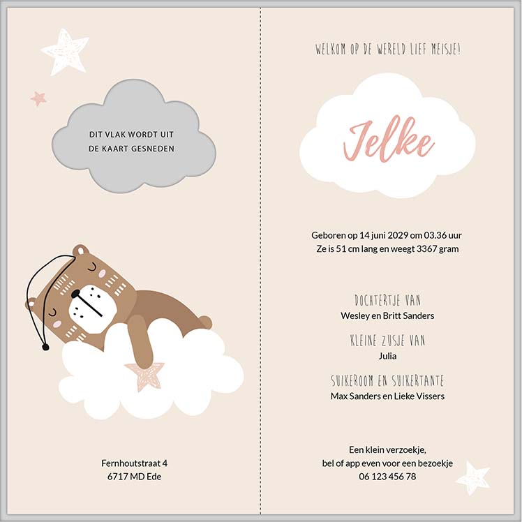 Roze geboortekaartje met beertje op wolk en sterren Roze geboortekaartje met beertje op wolk en sterren