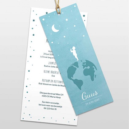 Stapelkaartje jongen op de wereld met touwtje