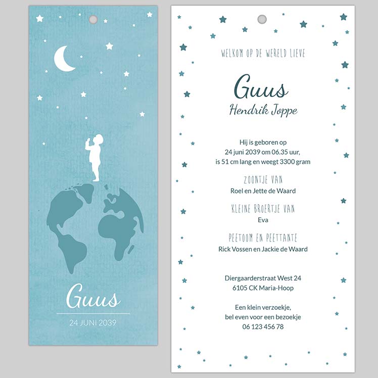 Stapelkaartje jongen op de wereld met touwtje Stapelkaartje jongen op de wereld met touwtje